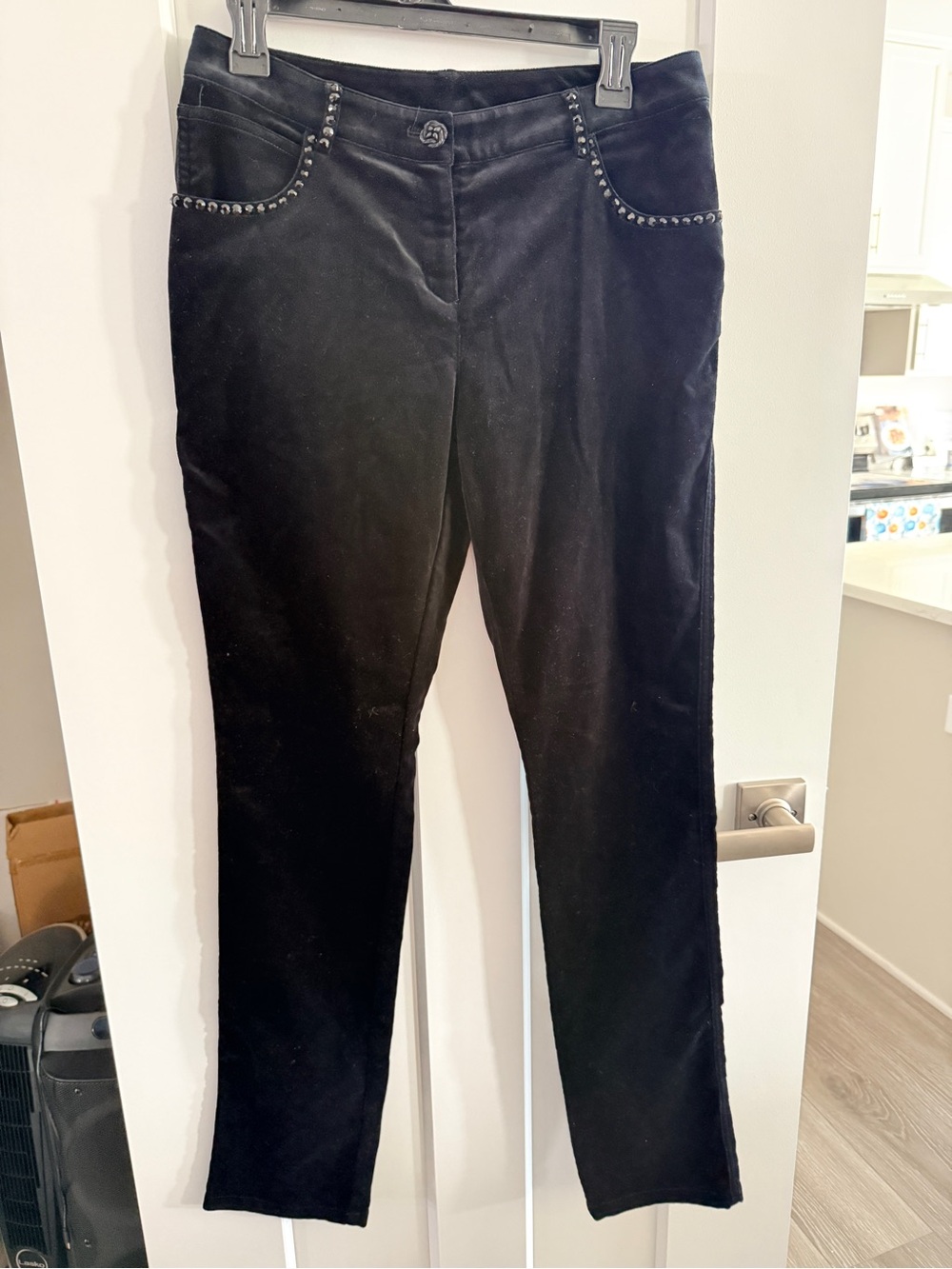 St John Black Women’s Stretch Velvet Pants with Studded Trim